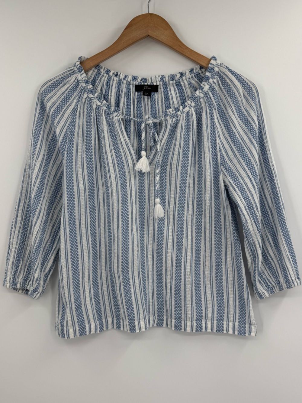 J.Crew Tassel-Tie Peasant Top Striped | Blue / White | XS